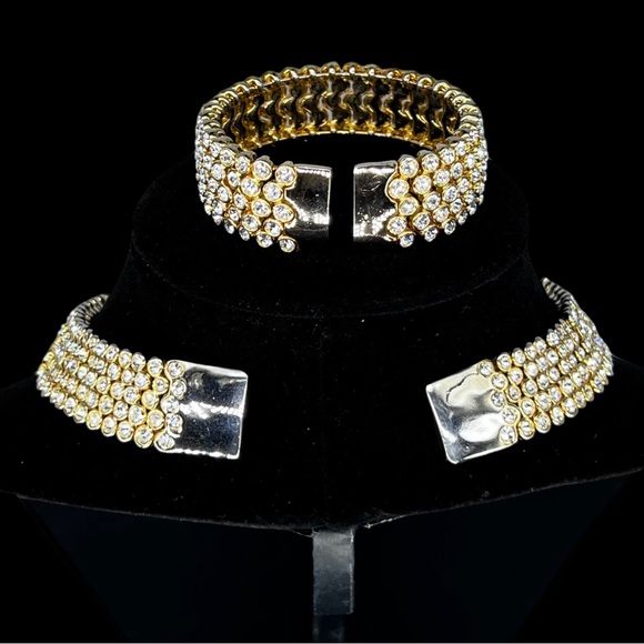 Gold Tone Rhinestone Collar Choker Cuff Necklace and Matching Cuff Bracelet - Picture 3 of 6